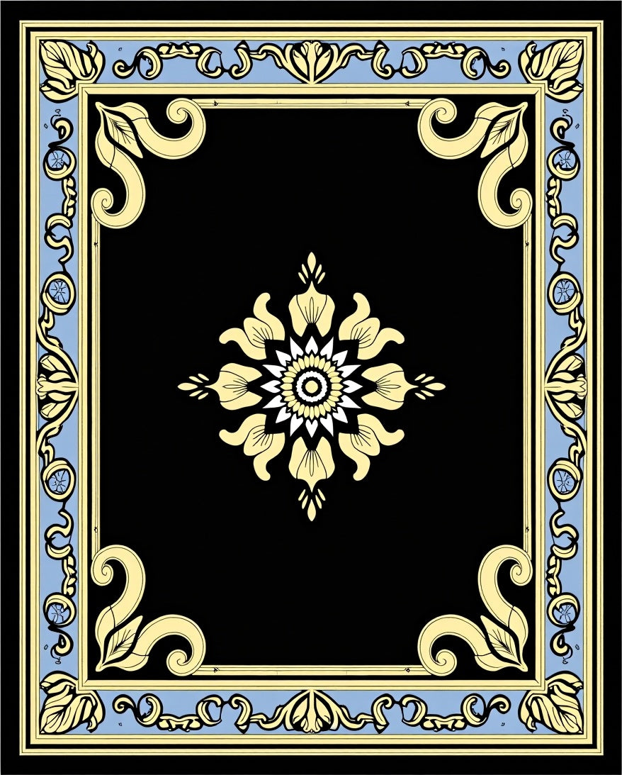 Floral Scrollwork Geometric Black Cream Rug