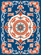 Blue Red White Ornate Floral Rug
