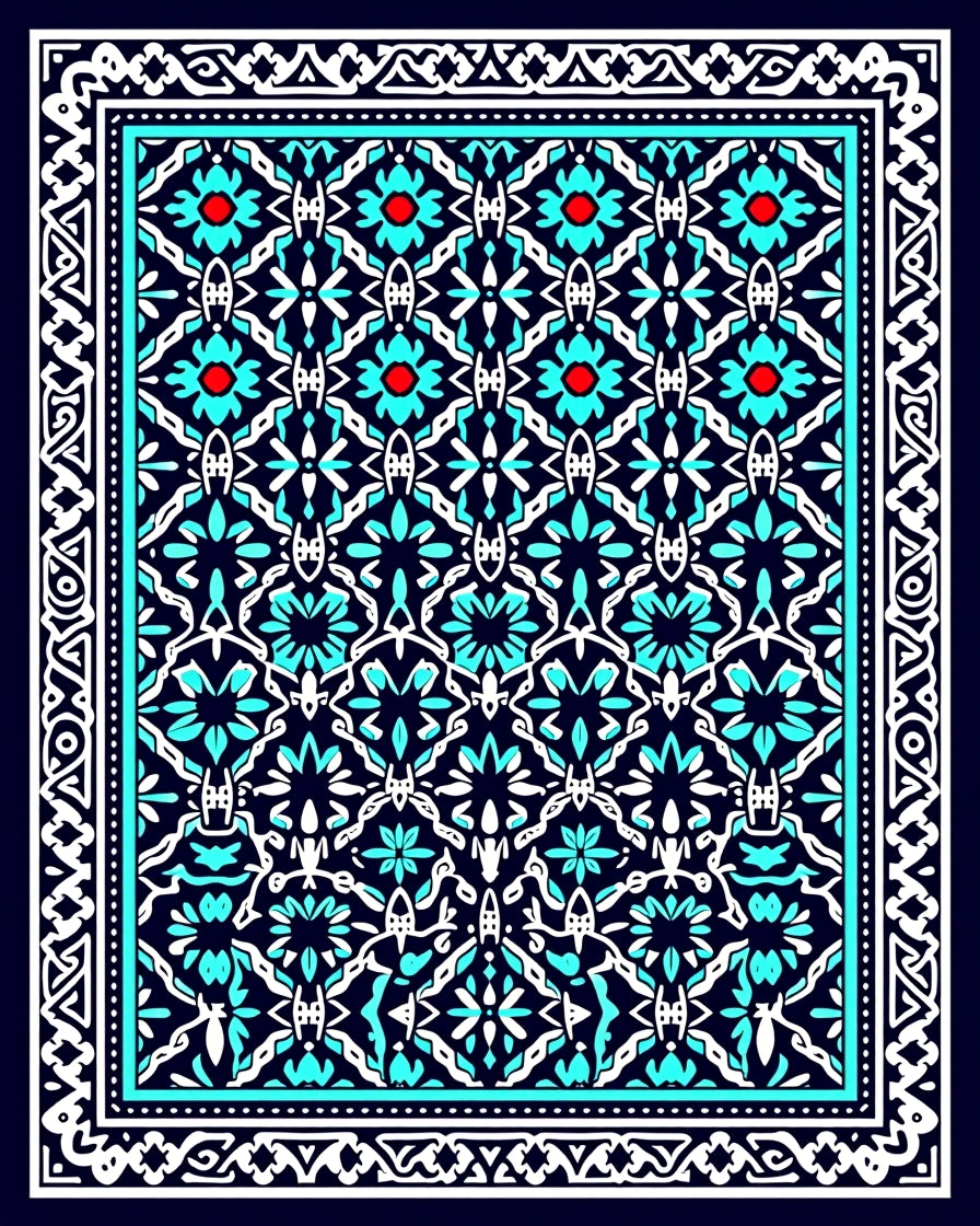 Intricate Teal White Floral Pattern Rug