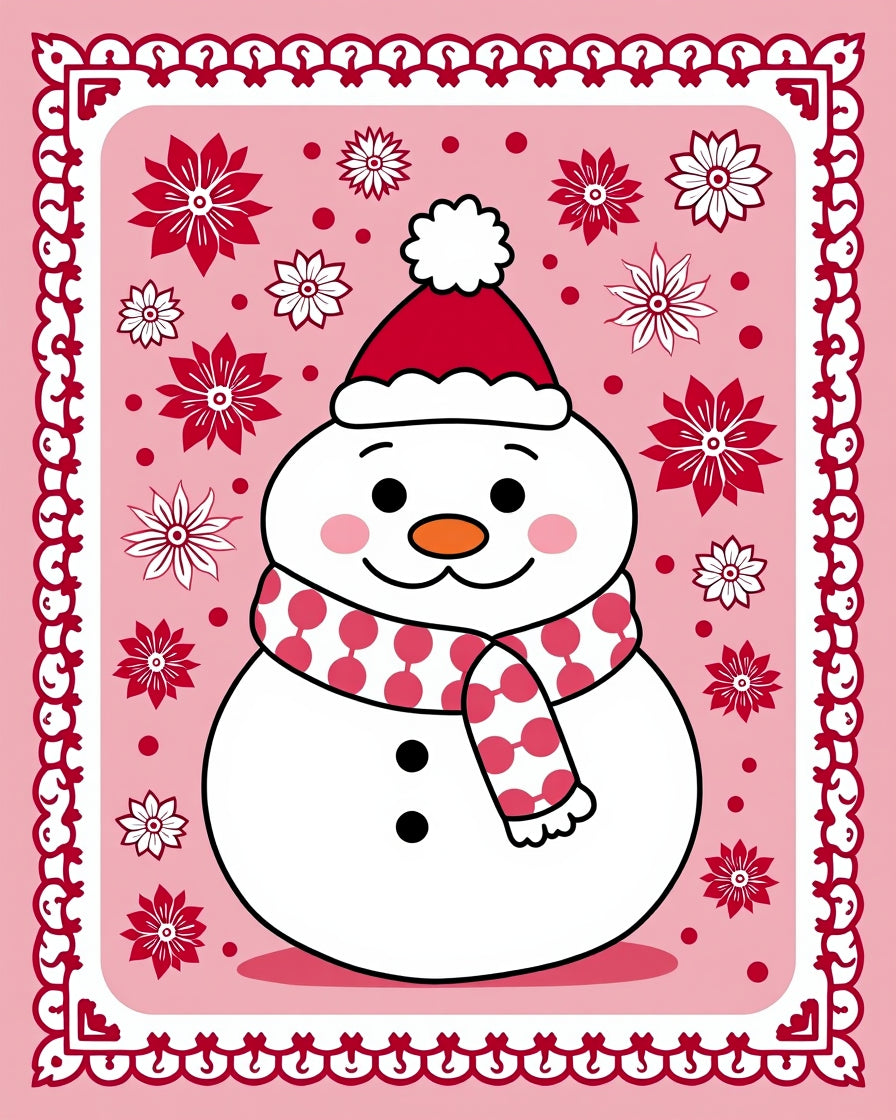Pink Snowman Floral Holiday Frame Rug