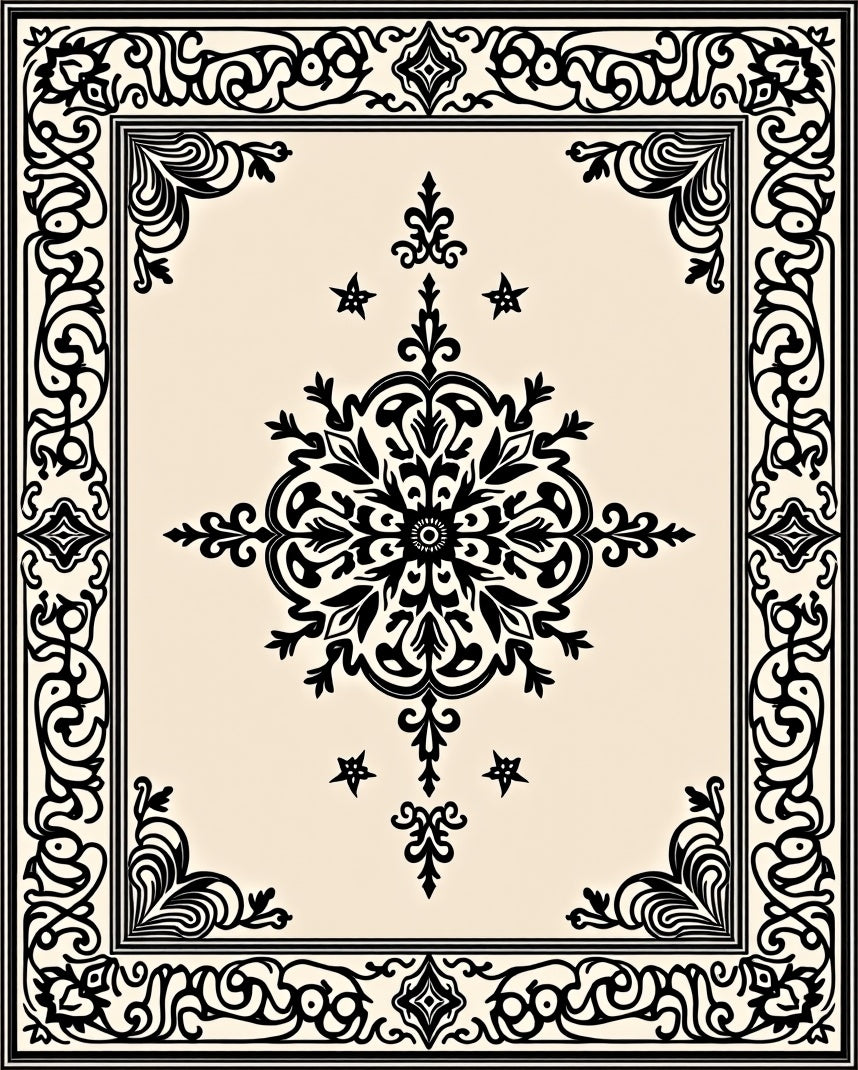 Ornate Black Floral Medallion Design Rug