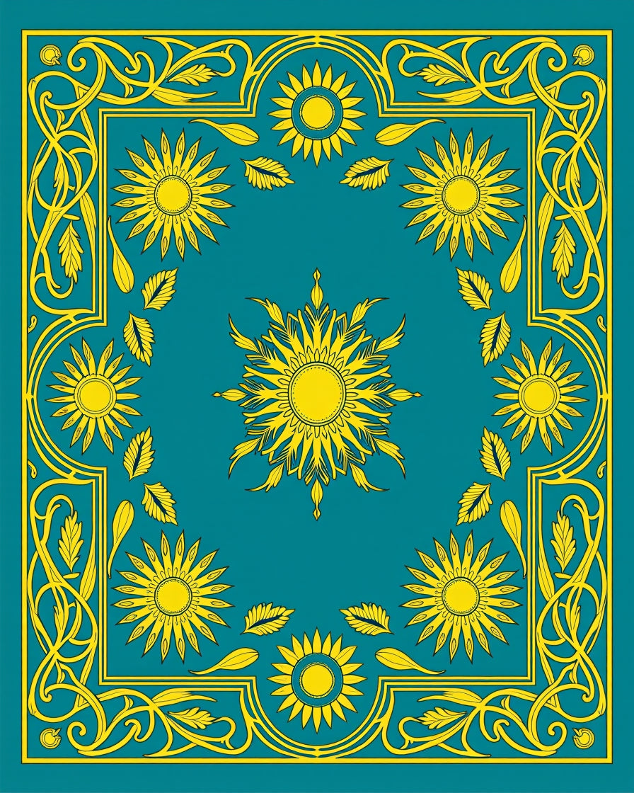 Golden Sunburst Floral Framed Rug