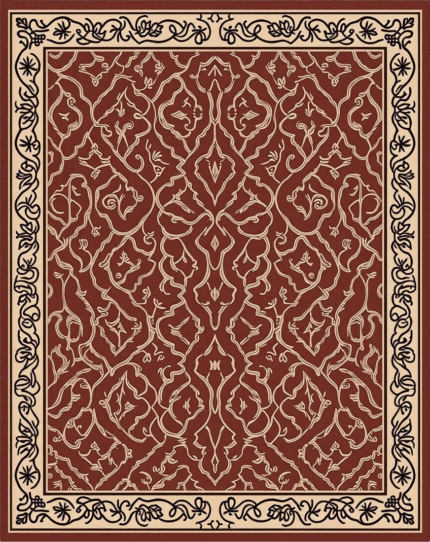 Ornate Cream Border Red Floral Pattern Rug