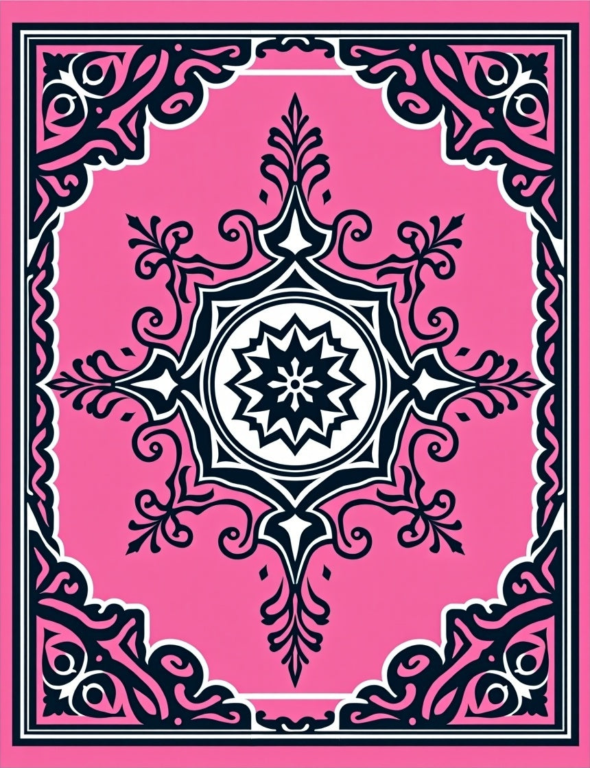 Ornate Pink Black Floral Mandala Rug