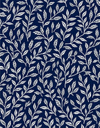 White Leaf Patterned Dark Blue Textile Rug