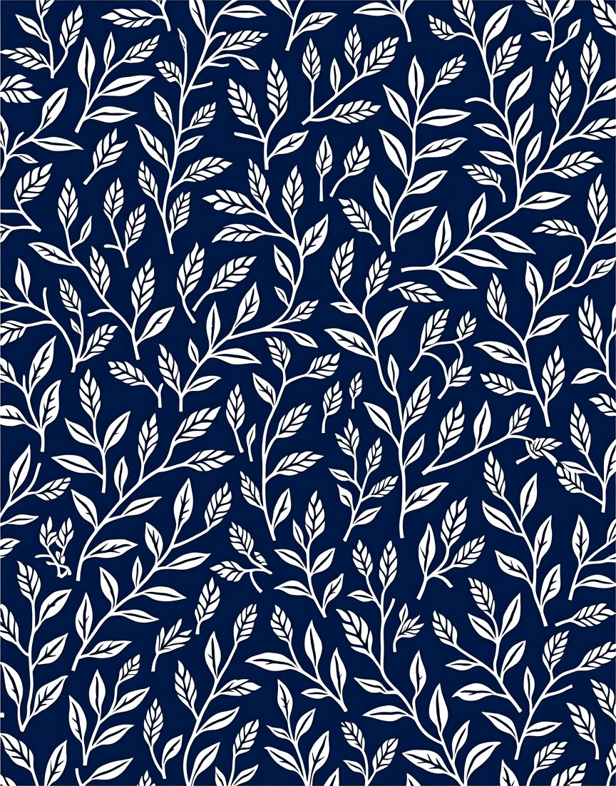 White Leaf Patterned Dark Blue Textile Rug