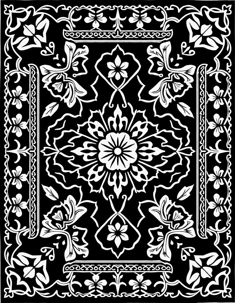 Ornate Floral Abstract Black and White Rug