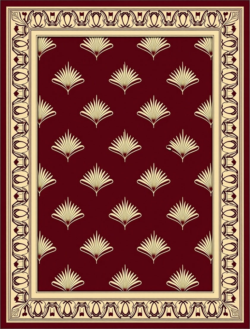 Elegant Burgundy Fan Motif Rug