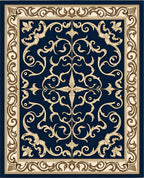 Ornate Scrollwork Navy Gold Accent Rug