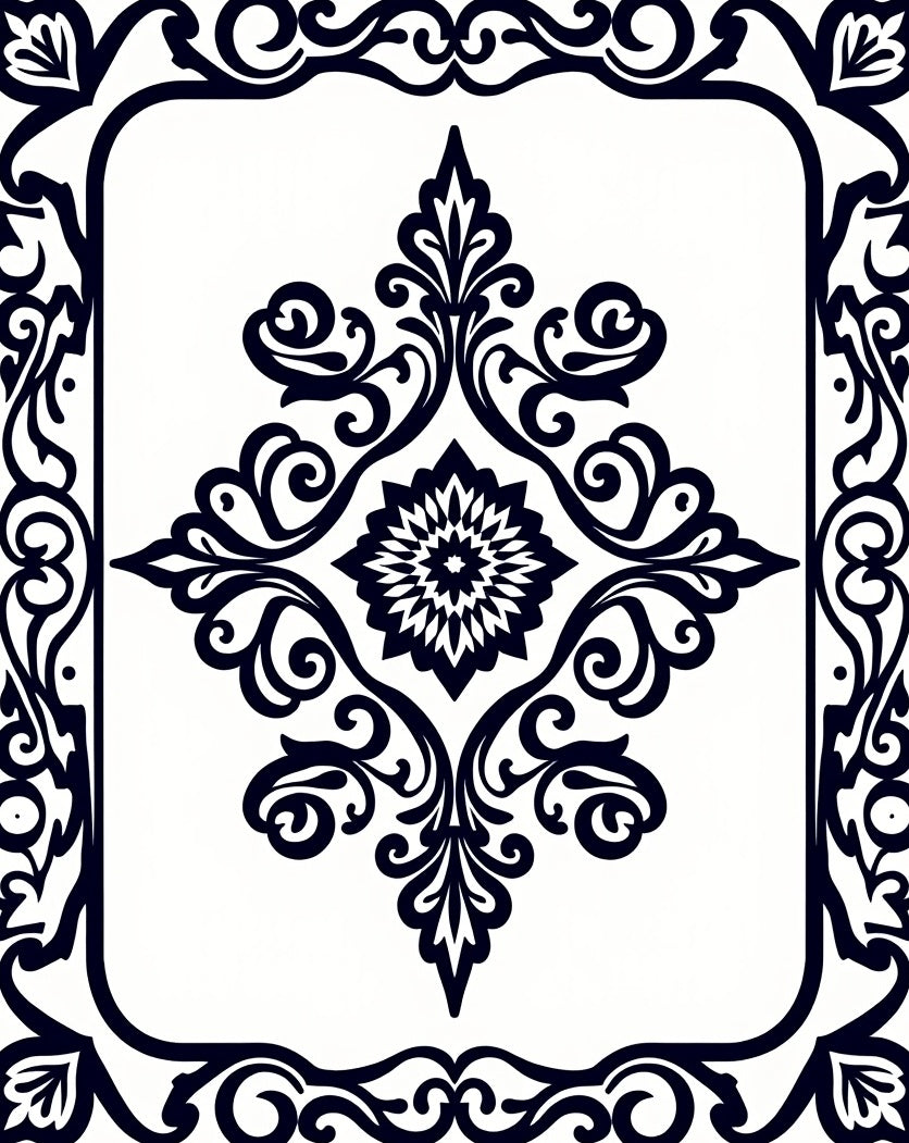 Black White Ornate Floral Pattern Rug