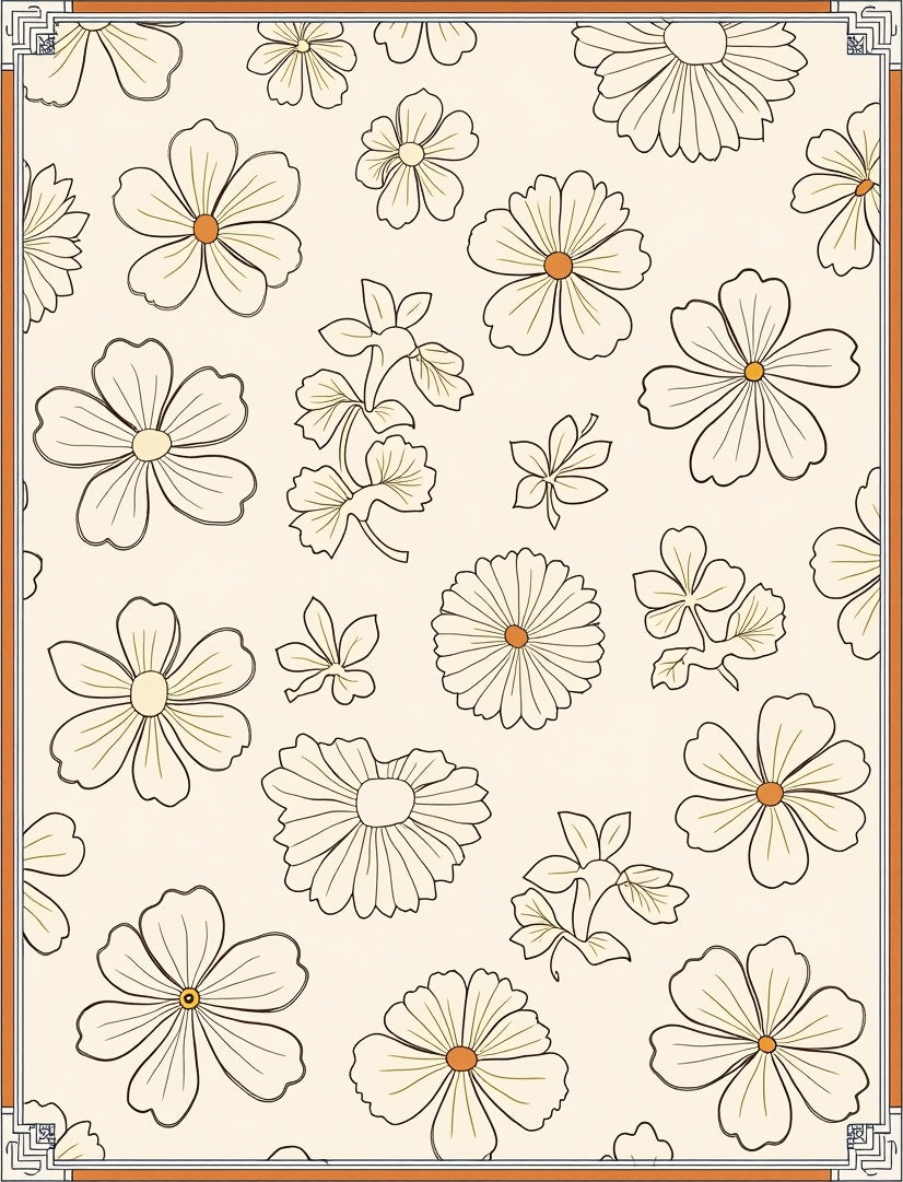 Whimsical Floral Cream Outline Art Rug