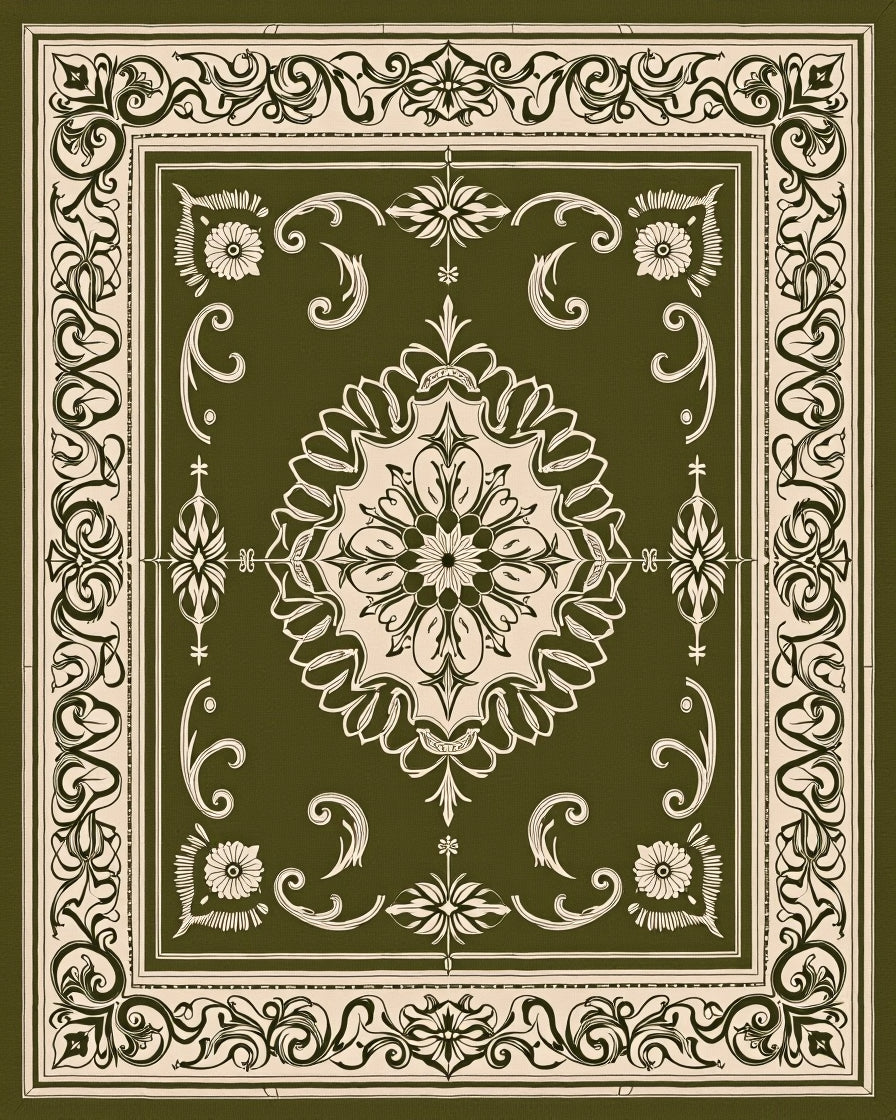 Olive Cream Elaborate Floral Pattern Rug