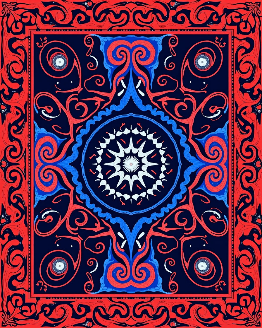 Tribal Mandala Bold Red Blue Design Rug