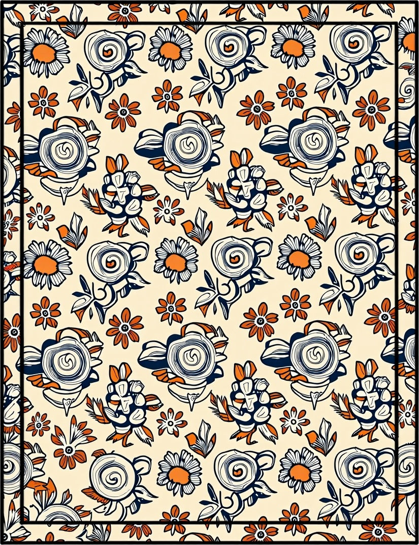 Mid Century Floral Swirl Pattern Rug