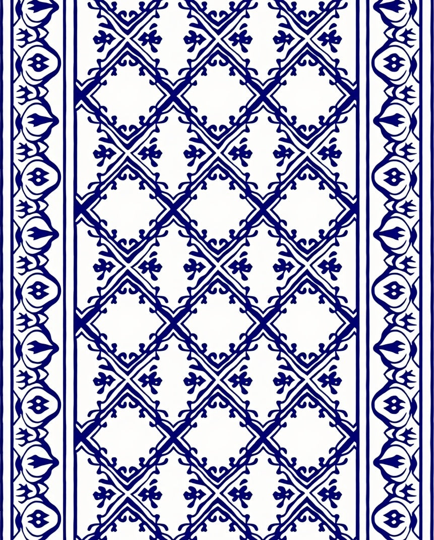 Classic Blue White Diamond Scroll Pattern Rug