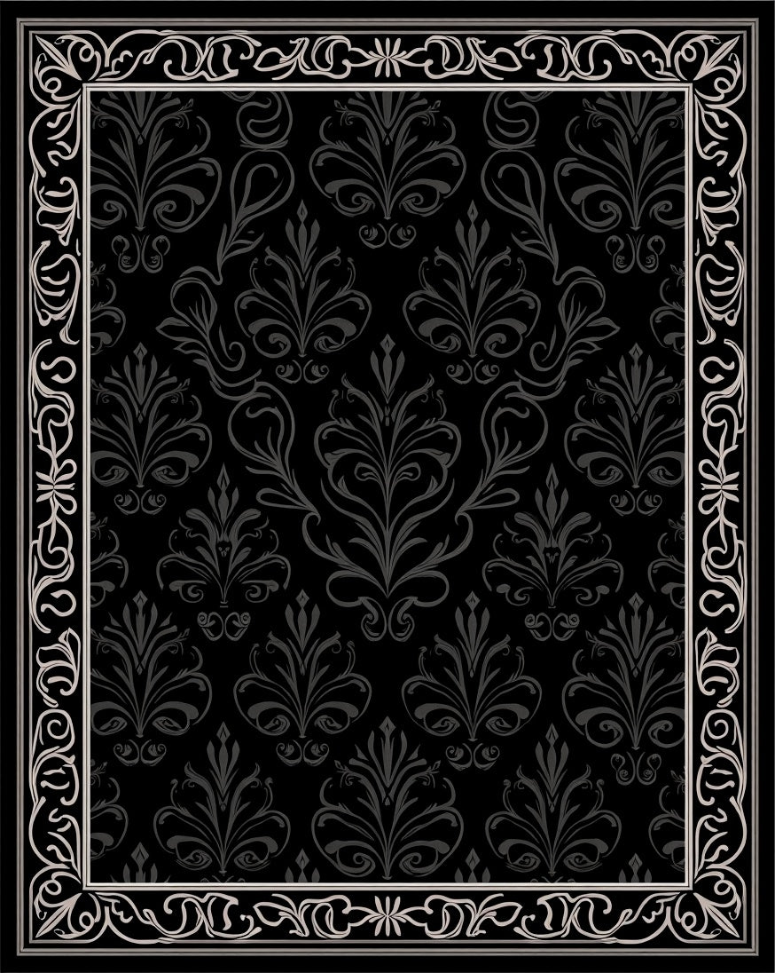 Ornate Black Swirls Floral Pattern Rug