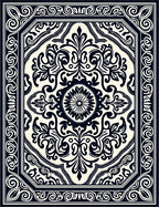 Classic Black White Floral Medallion Design Rug