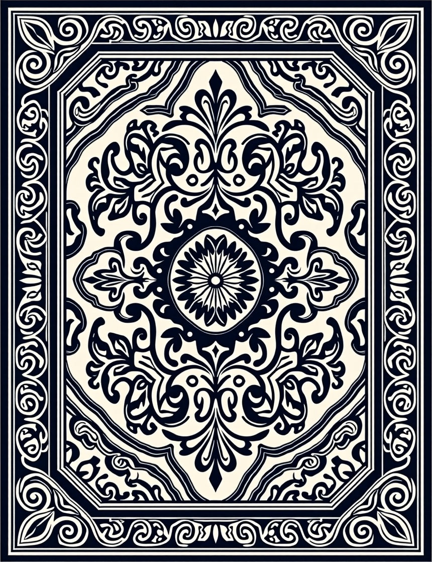 Classic Black White Floral Medallion Design Rug