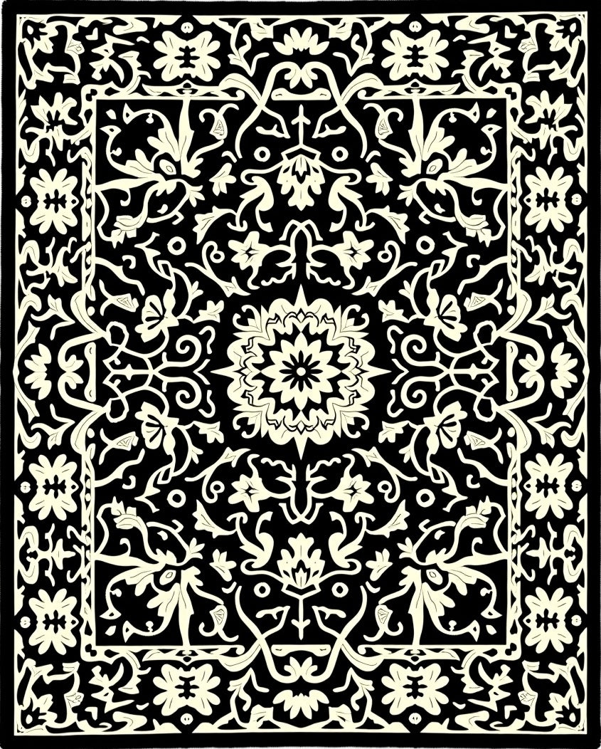 Intricate Black Cream Floral Vintage Rug