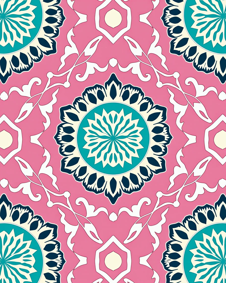 Pink Teal Floral Medallion Pattern Rug