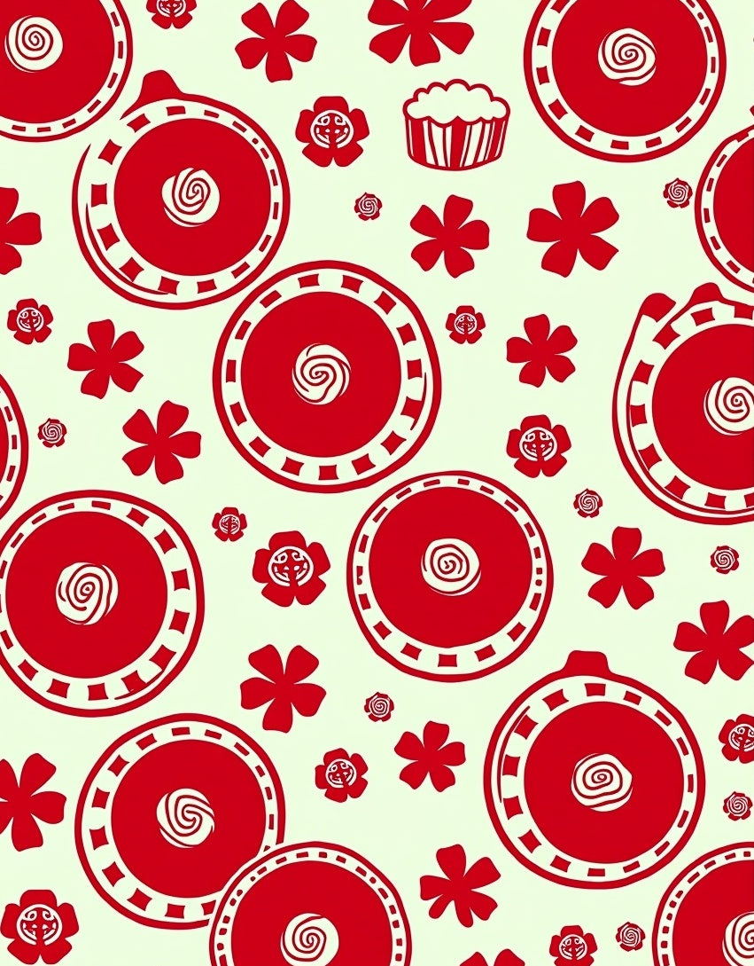 Playful Red Floral Circular Pattern Rug