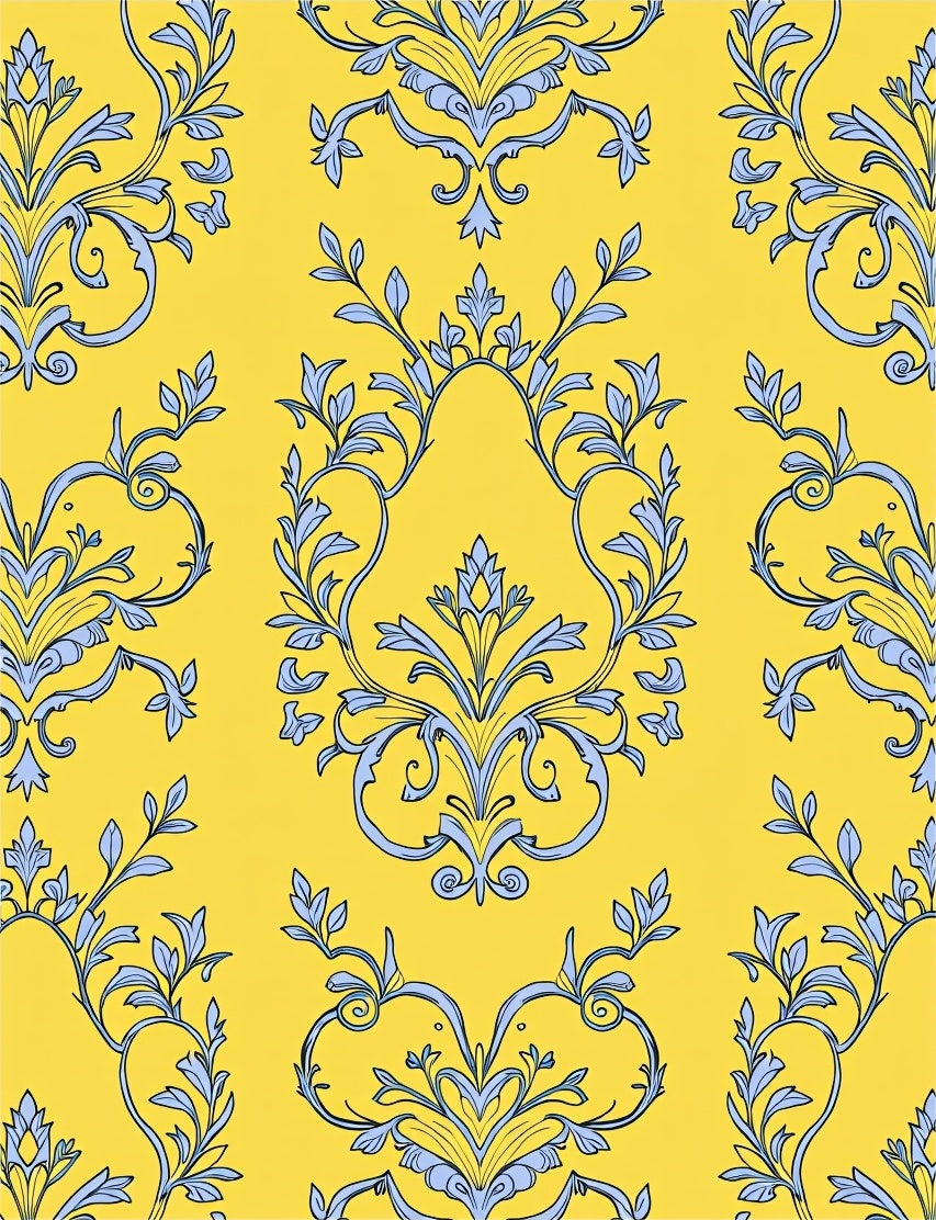 Yellow Botanical Damask Pattern Rug