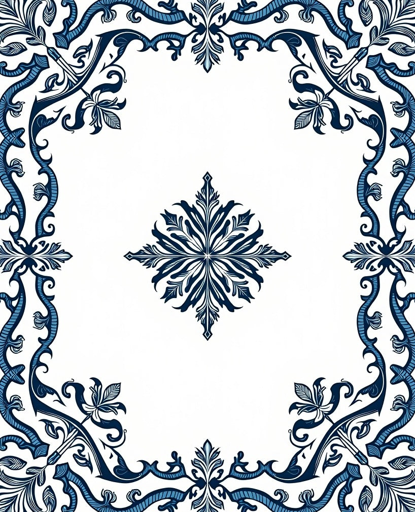 Elegant Blue Floral Scroll Border Rug