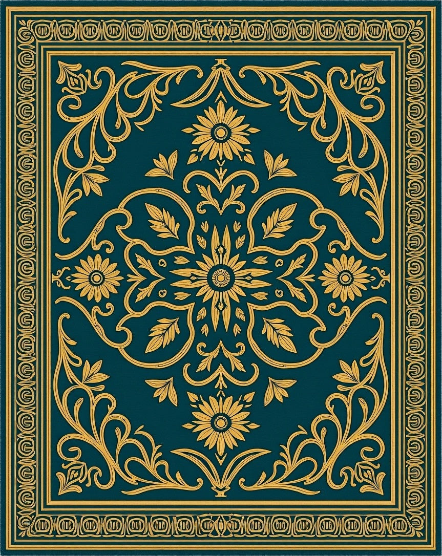 Ornate Teal Gold Floral Scrollwork Rug