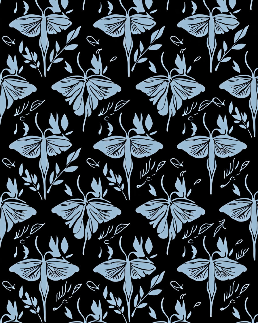 Light Blue Moth Botanical Pattern Rug