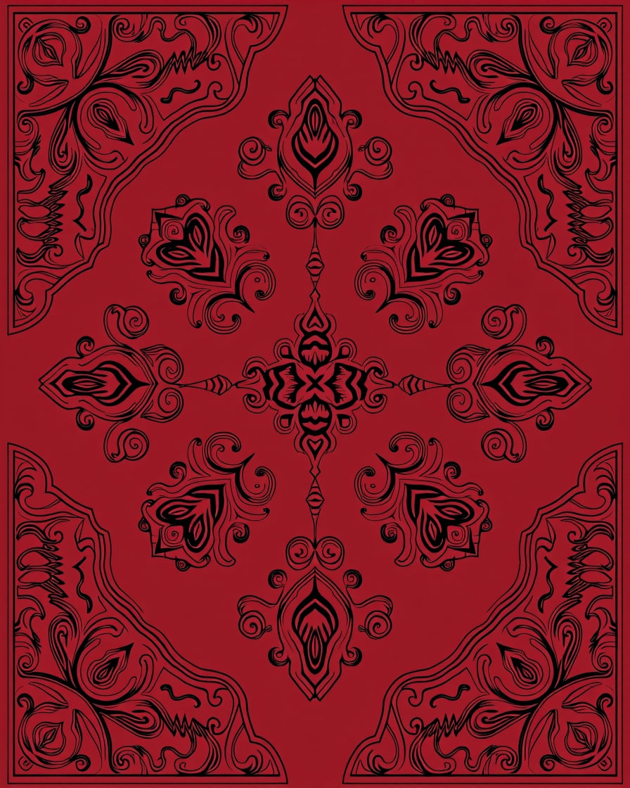 Ornate Black and Red Filigree Design Rug