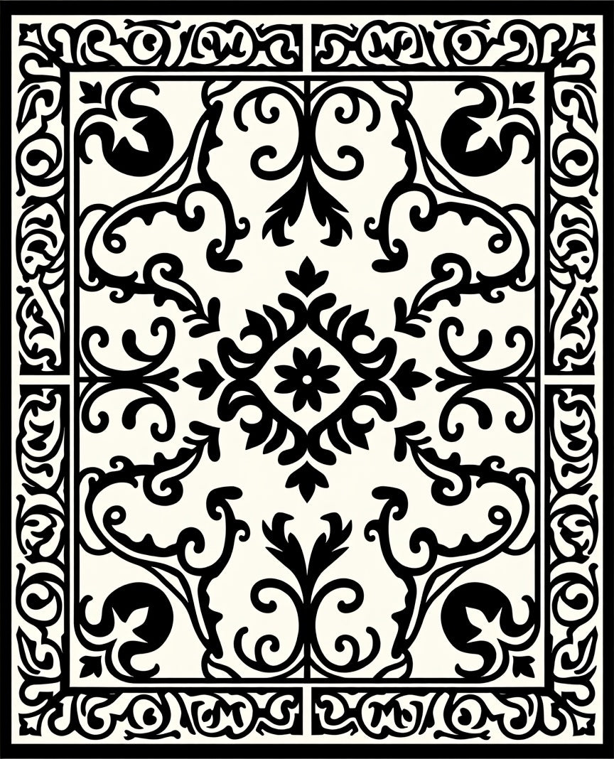 Black White Floral Damask Pattern Rug
