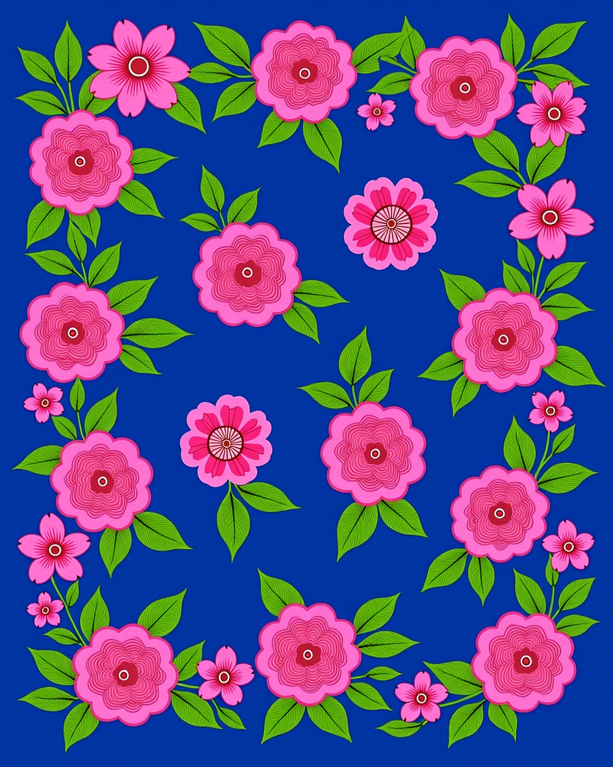 Pink Floral Pattern On Blue Canvas Rug