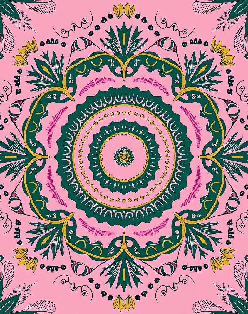 Floral Green Yellow Pink Mandala Design Rug