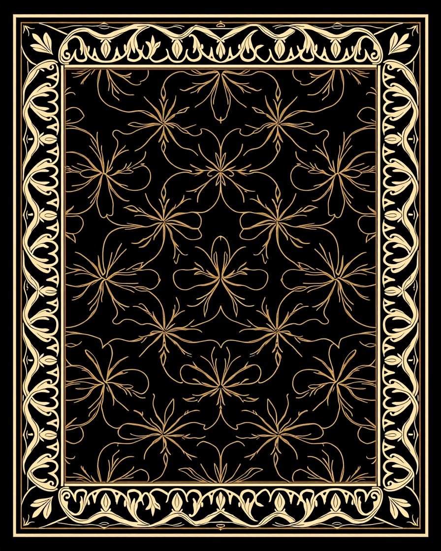 Elegant Black Gold Floral Border Rug