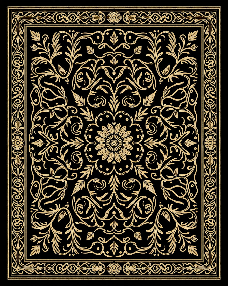 Golden Floral Scrollwork Mandala Rug