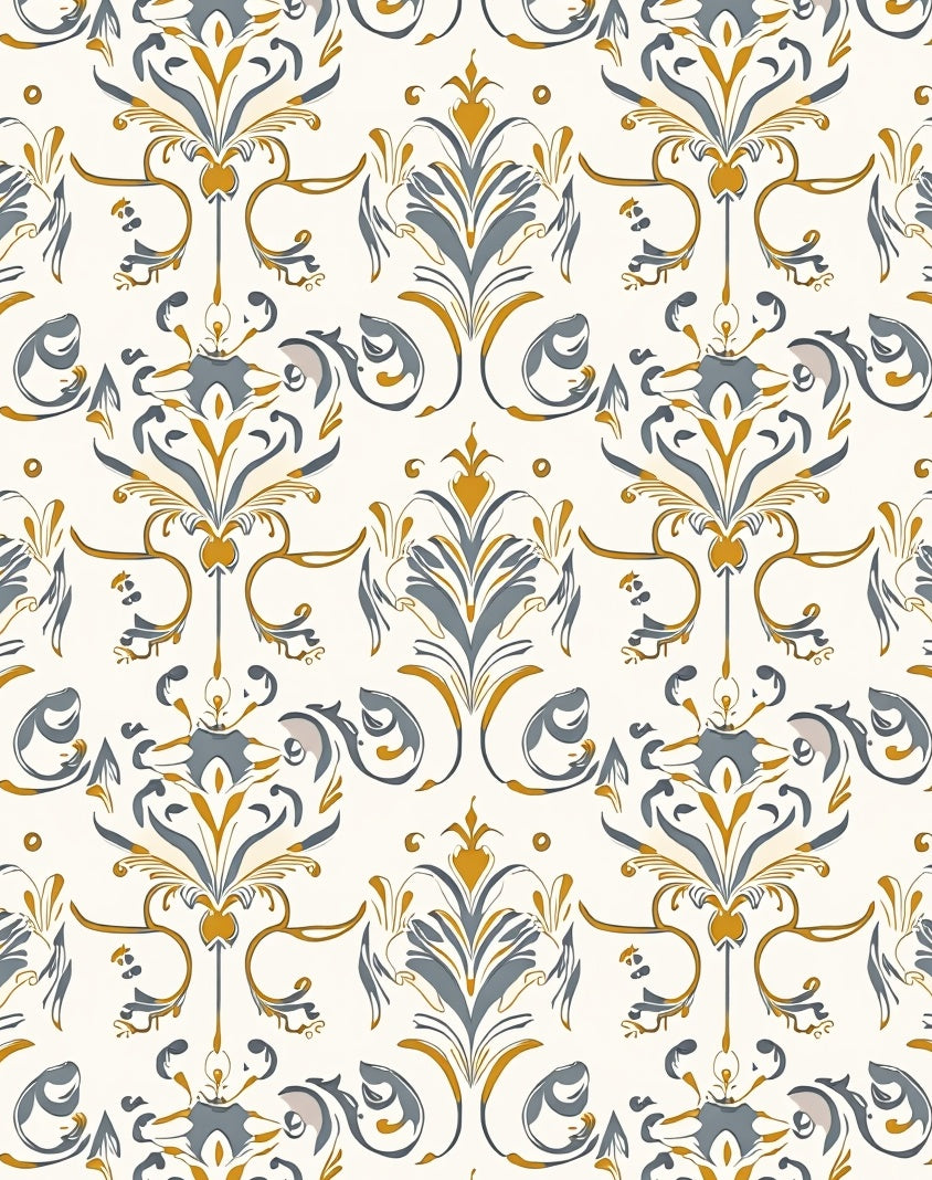 Golden Gray Floral Damask Pattern Rug