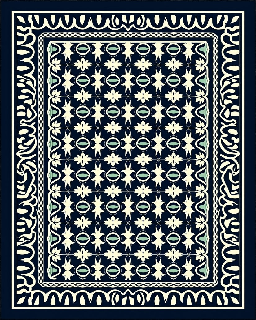Dark Blue Cream Floral Garden Rug