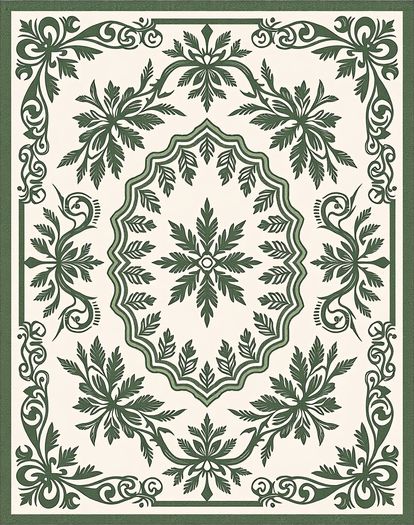 Ornate Green Leaf Scroll Medallion Rug
