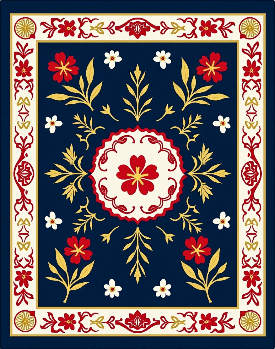Folk Floral Medallion Navy Rug