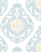 Light Blue Ochre Damask Pattern Runner Rug