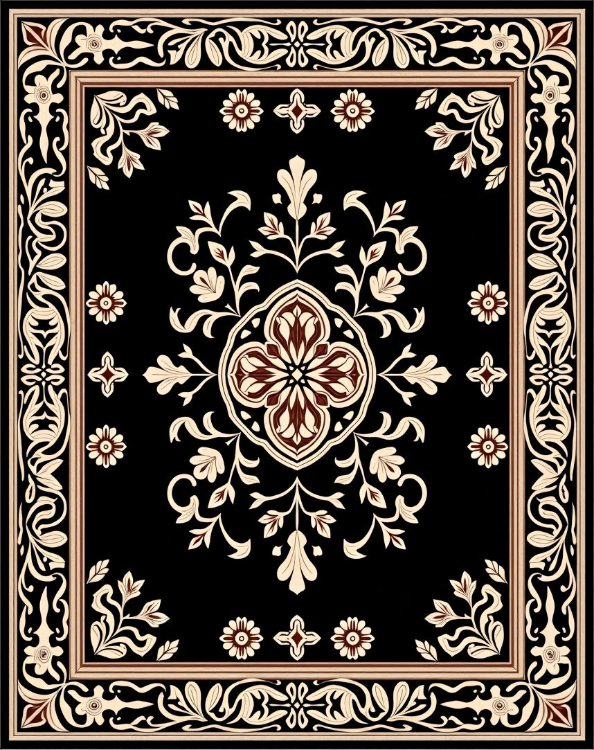 Elegant Black Floral Medallion Pattern Rug