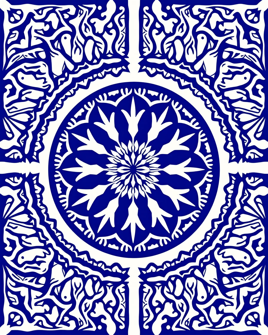 Ornate Blue White Mandala Pattern Rug