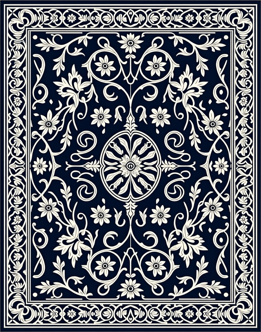 Classic Floral Medallion Navy Ivory Rug