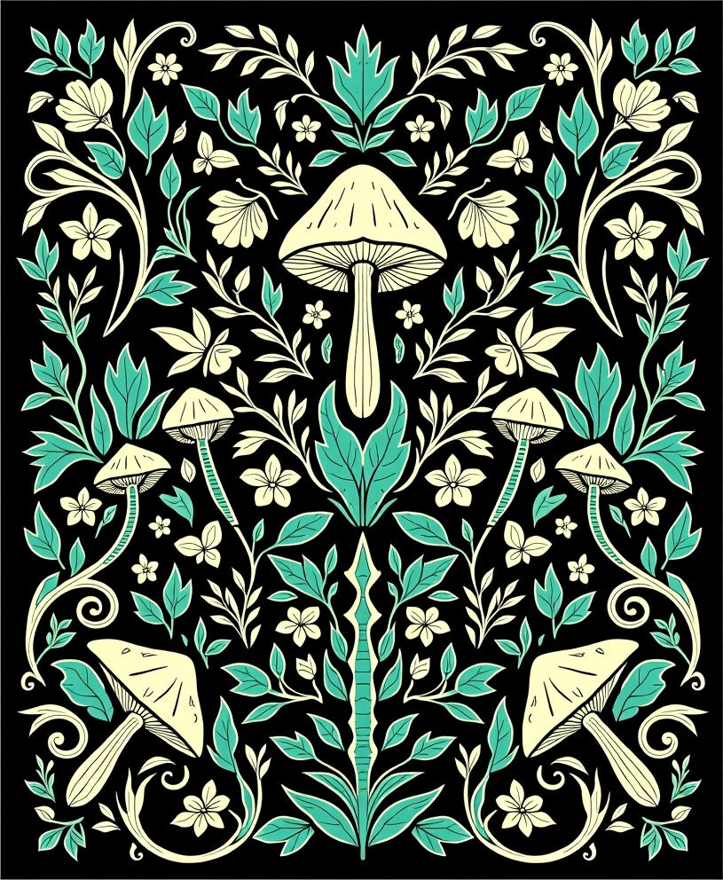 Mushroom Floral Vine Botanical Pattern Rug