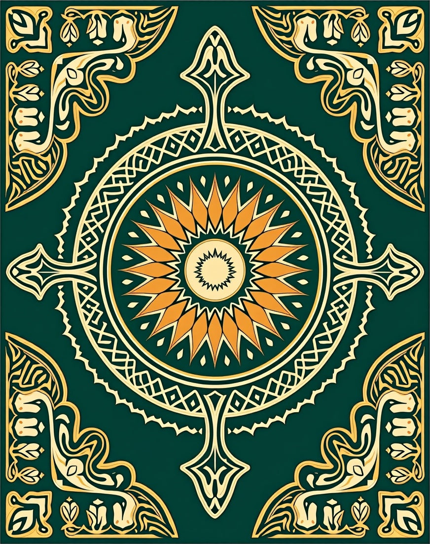 Emerald Sunburst Mandala Pattern Rug