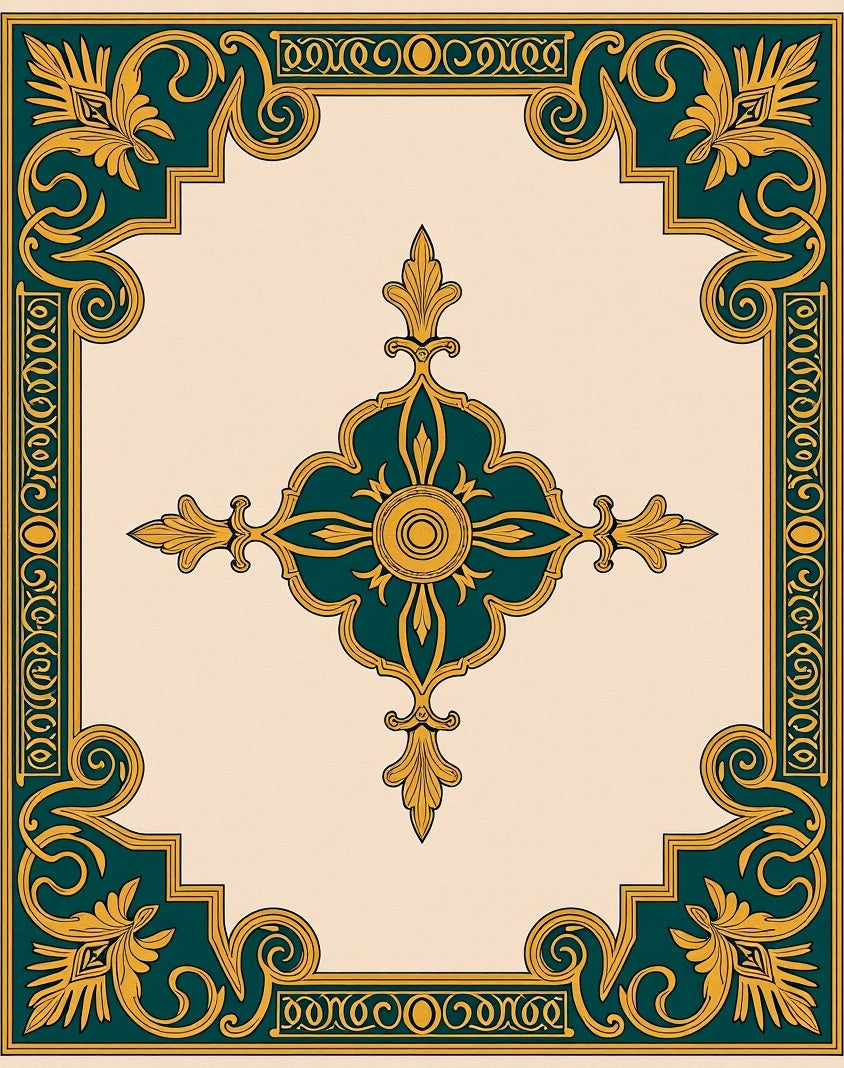 Ornate Teal Gold Floral Pattern Rug