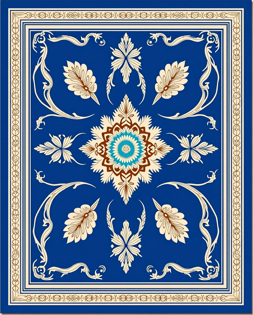 Ornate Blue Ivory Floral Motif Rug
