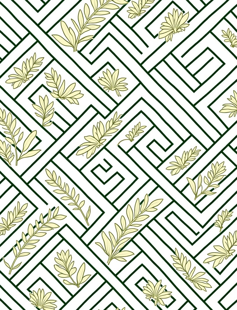 Geometric Leaf Patterned Green and Cream Rug