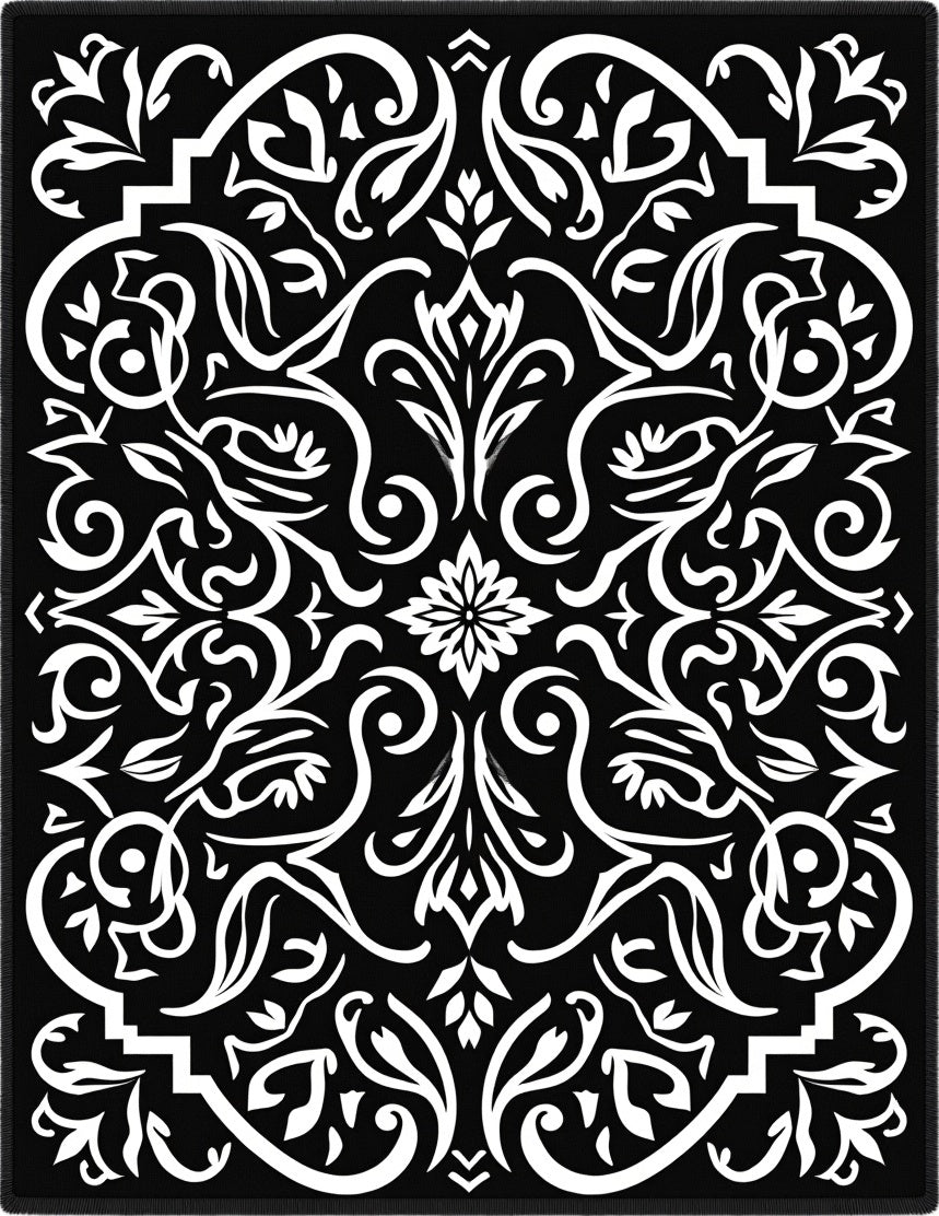 Black White Classic Floral Pattern Rug