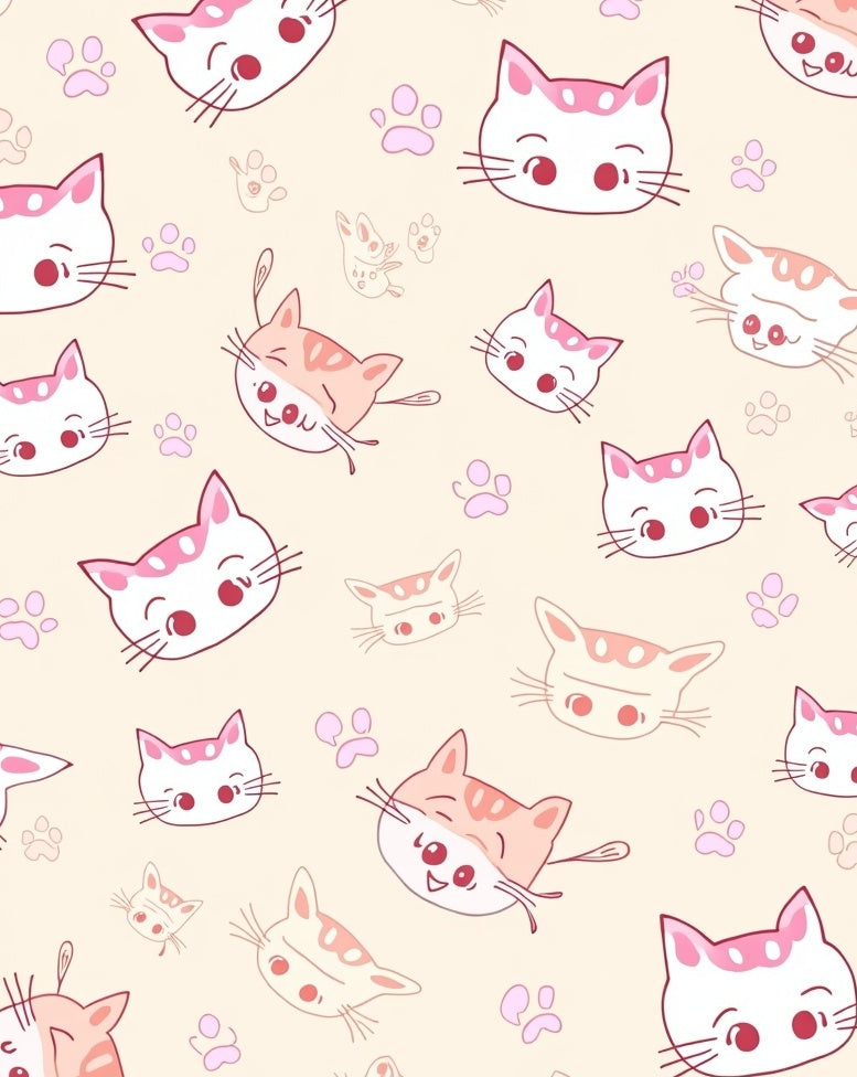 Cartoon Cat Faces Paw Prints Pattern Rug